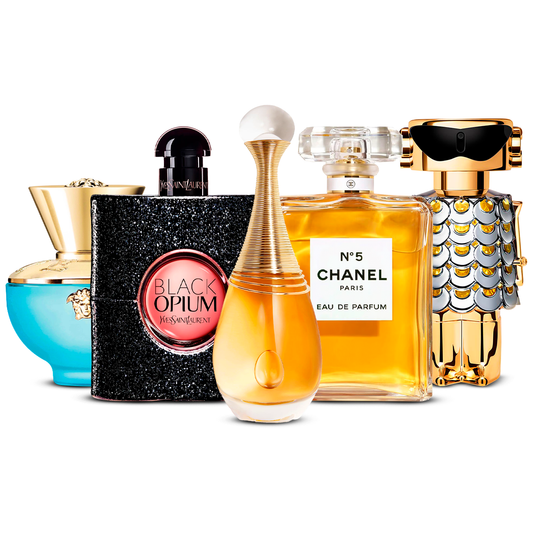 Set 5 Parfumuri  – Versace Dylan Turquoise, Black Opium, J'adore, Chanel Nº5 și Fame  [100 ml fiecare]